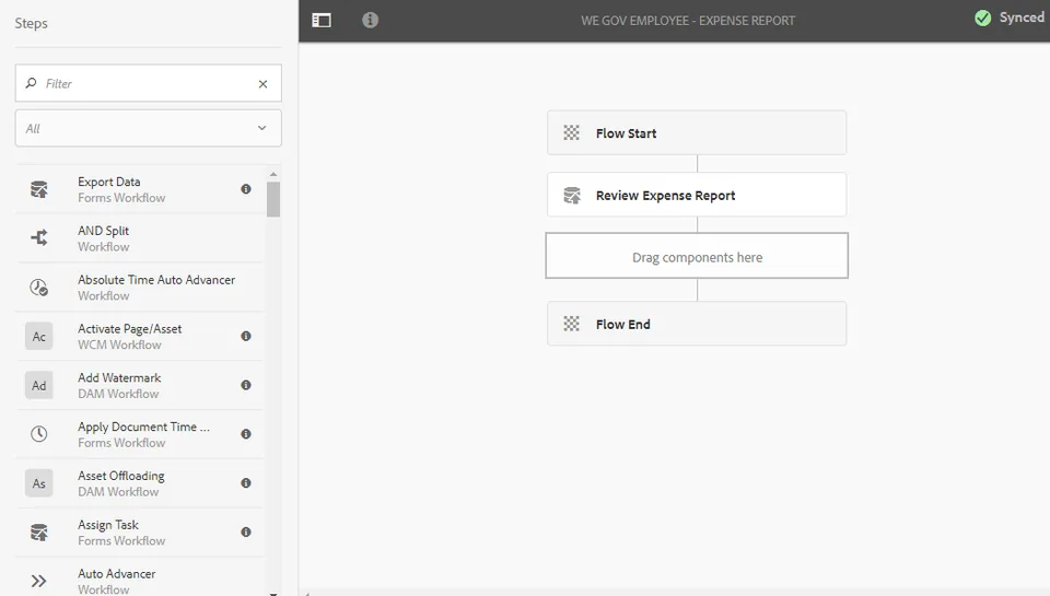 Example of an expense report review workflow in the AEM workflow editor
